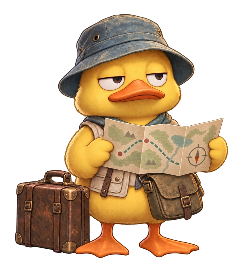 Quackpacker traveler duck holding a map